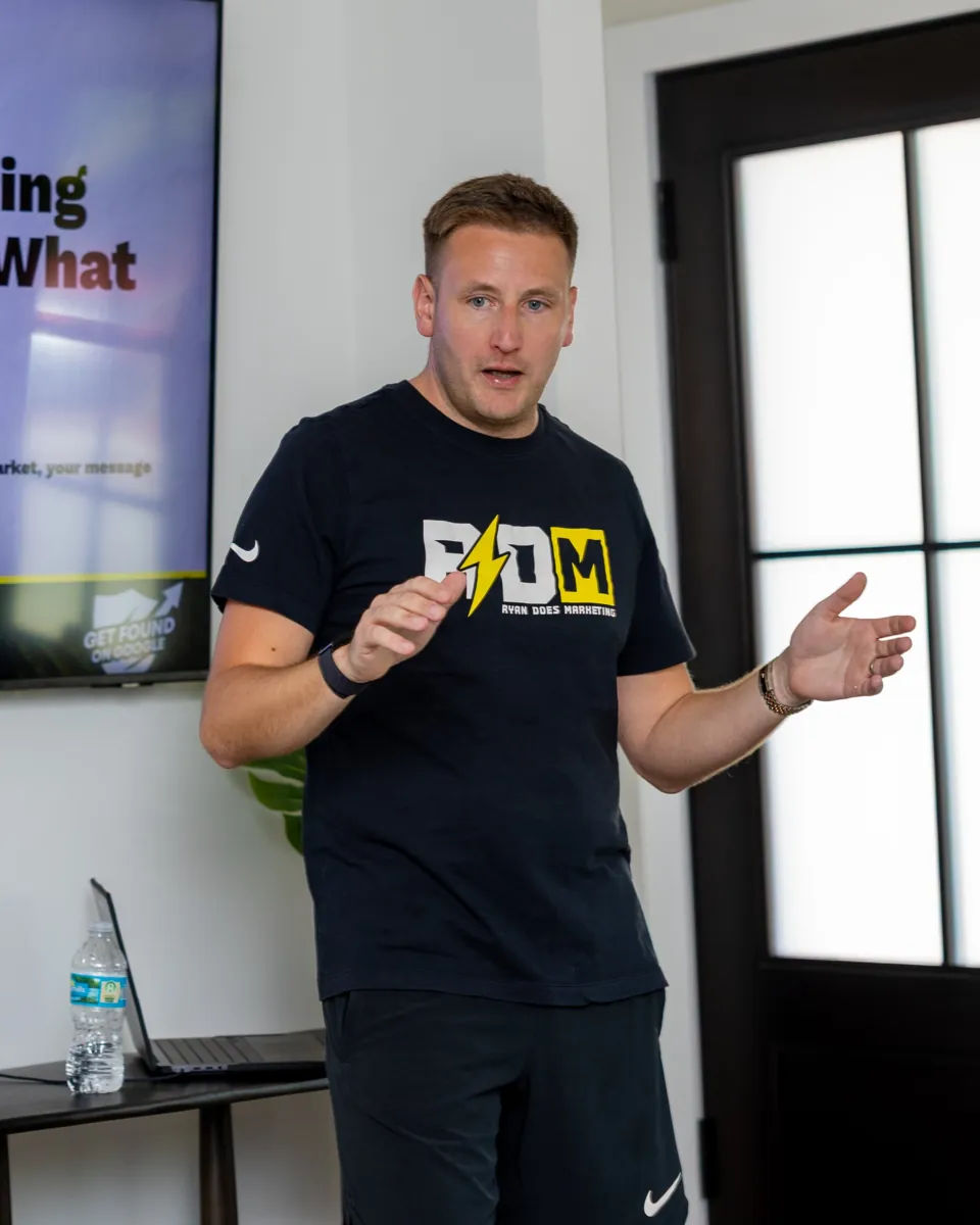 Ryan Davies, founder of Ryan Does Marketing, speaking at a workshop for local business owners